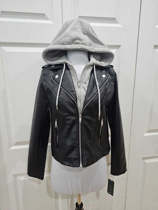 Sebby Jackets & Blazers - Women's Sebby Punk Biker Moto Black Faux Leather Gray Hoodie Zip Jacket Coat S